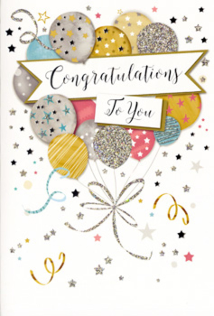 This congratulations card is illustrated like a festive vignette set against a quiet, pale sky, with every detail designed to evoke a sense of accomplishment and joy. At the heart of the design is a cluster of balloons, drawn as if they are gently bobbing together above a table laid out for a Richmond celebration. Their forms are soft and rounded, overlapping delicately to form a full, bouquet-like shape. The colours are carefully chosen: muted golds and silvers mingle with champagne tones, powdery sky blue, blush pink, and gentle grey, creating a palette that feels both contemporary and warmly inviting. Some balloons are embellished with tiny star motifs, others with bands of glitter or delicate speckles that catch the light, suggesting a subtle, tactile shimmer you might notice when you tilt the card in your hands. Slender metallic ribbons hang from the bases, curling into graceful loops, much like the artful spirals of ribbon we use to finish a hand-tied bouquet at Richmond Flowers before a same-day delivery around the Green. Across the centre, a wide banner sweeps horizontally, slightly lifted at each end as though caught by a soft river breeze, bearing the word Congratulations in elegant script lettering that feels personal and heartfelt. Around this centrepiece, scattered stars, swirls, and confetti dots drift across the pale background, implying movement, music, and lively conversation. The composition captures that buoyant feeling that follows good news-whether it's exam success, a promotion in nearby offices, or the start of a new chapter in one of Richmond's tree-lined streets-making it a fitting partner to a celebratory bouquet.