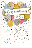 In this image, a congratulations card stands upright, its design turning the simple idea of balloons into a polished celebration scene that would feel at home in any Richmond living room. The card's focus is a clustered group of balloons, gathered like a bouquet at the centre. Their rounded shapes overlap in a layered arrangement that suggests gentle movement, as though they're just tugging upwards on their ribbons. The colour palette is soft yet festive: brushed metallic gold, cool silver, champagne beige, light blue, blush pink, and a mellow grey, all shaded to appear softly reflective and almost three-dimensional. Some balloons are sprinkled with star patterns; others carry slim glitter stripes or scattered dots, adding an impression of fine, sparkling texture. Delicate metallic ribbons trail down in relaxed, curling lines, crossing over one another as they fall, reminiscent of the loose ribbons that spill from a hand-tied bouquet ready for delivery around Richmond Hill or along the riverside. A slightly curved banner lies across the centre of the balloon cluster, bearing the words Congratulations To You in flowing script that feels like a carefully penned note. Around this central arrangement, the pale background is animated with small stars, swirling lines, and confetti-like specks, giving the sense of a party frozen at its happiest moment. The overall mood is light, graceful, and quietly glamorous-perfect for sending alongside fresh flowers to celebrate everything from a new job or promotion to exam success or a house move within the Richmond area, whenever you want your congratulations to feel both joyful and beautifully presented.