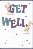 This get well card's joyful illustration brings together the gentle support of a teddy bear and the loving enthusiasm of a puppy, each balancing atop colourful, oversized letters that spell out 'Get Well' in bold hues of indigo and teal. Their forms are soft, their eyes expressive, radiating warmth much like a heartfelt message sent from the heart of Richmond. The background, a clear porcelain white, brings a sense of hopeful possibility-like morning light filtering through the trees on Richmond Green. Cheerful starbursts shimmer in blues and purples throughout, lending a magical, optimistic touch reminiscent of blossoms scattered along the Thames Path. The subtle painted textures of plush fur and velvety ears seem almost real, a tactile echo of the fresh, hand-arranged bouquets Richmond Flowers is known for. In this card, artistic playfulness and sincere care come together, making every glance feel like a reassuring hug-a local gesture of comfort and encouragement, beautifully suited to brightening anyone's recovery day.